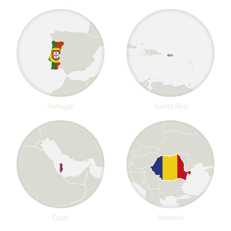 Portugal, puerto rico, Katar, Rumania mapa contorno y nacional bandera en un círculo. vector