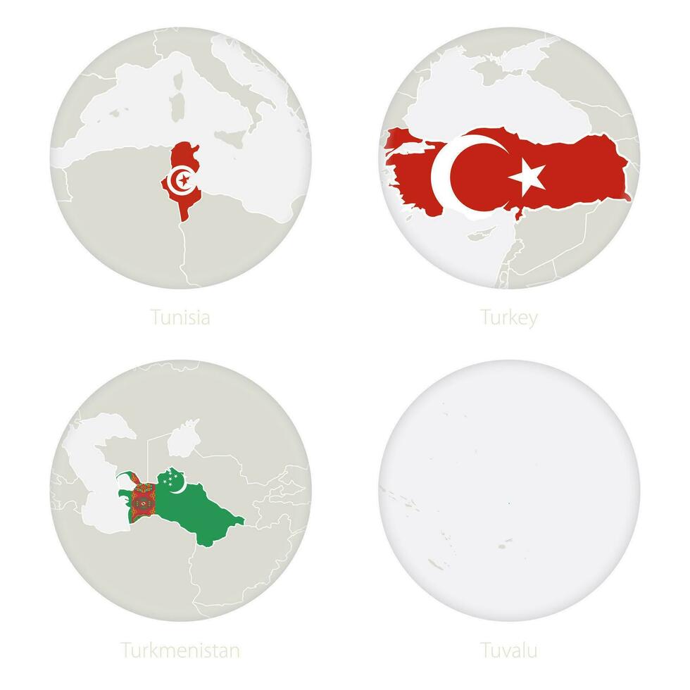Túnez, pavo, turkmenistán, tuvalu mapa contorno y nacional bandera en un círculo. vector