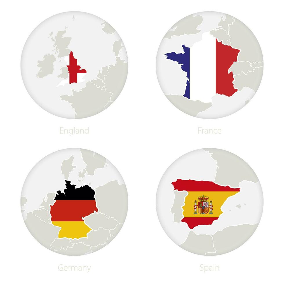 England, France, Germany, Spain map contour and national flag in a circle. vector