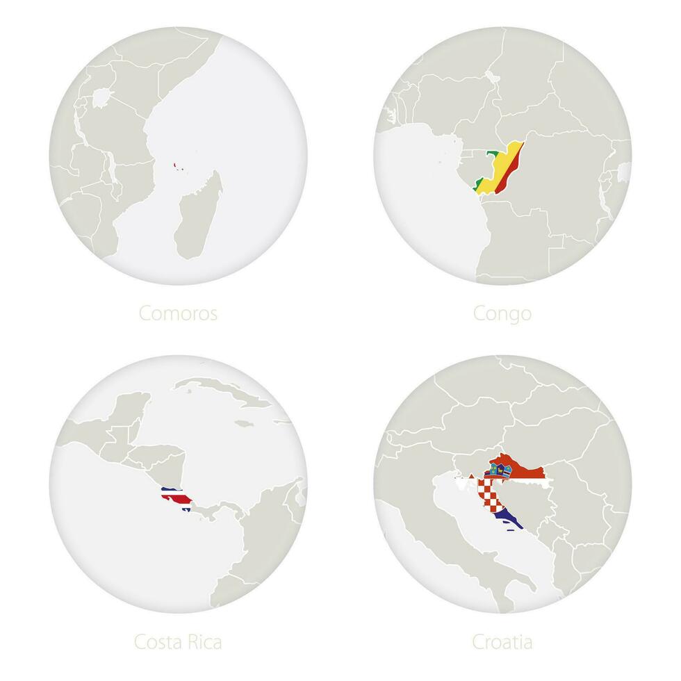 Comoros, Congo, Costa Rica, Croatia map contour and national flag in a circle. vector