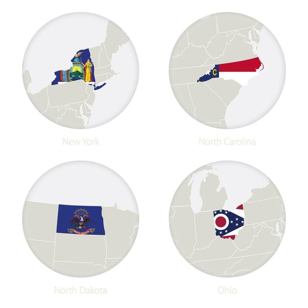 New York, North Carolina, North Dakota, Ohio US states map contour and national flag in a circle. vector
