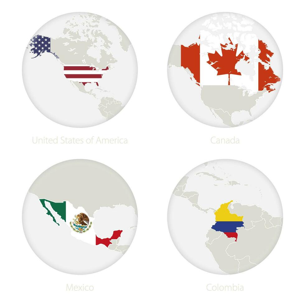 unido estados de America, Canadá, México, Colombia mapa contorno y nacional bandera en un círculo. vector