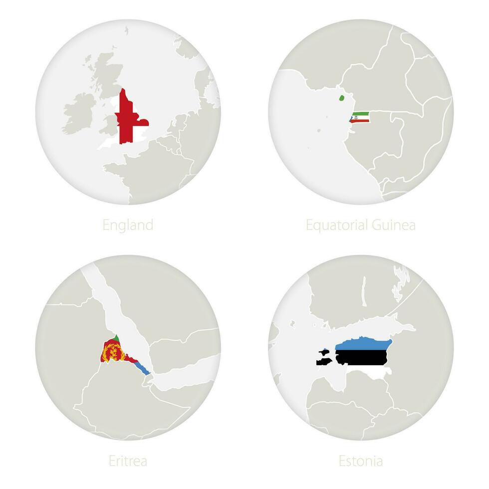 Inglaterra, ecuatorial Guinea, eritrea, Estonia mapa contorno y nacional bandera en un círculo. vector