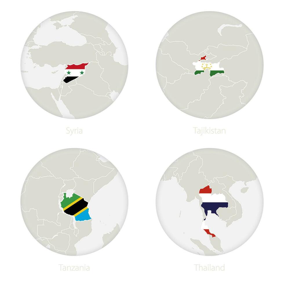 Syria, Tajikistan, Tanzania, Thailand map contour and national flag in a circle. vector