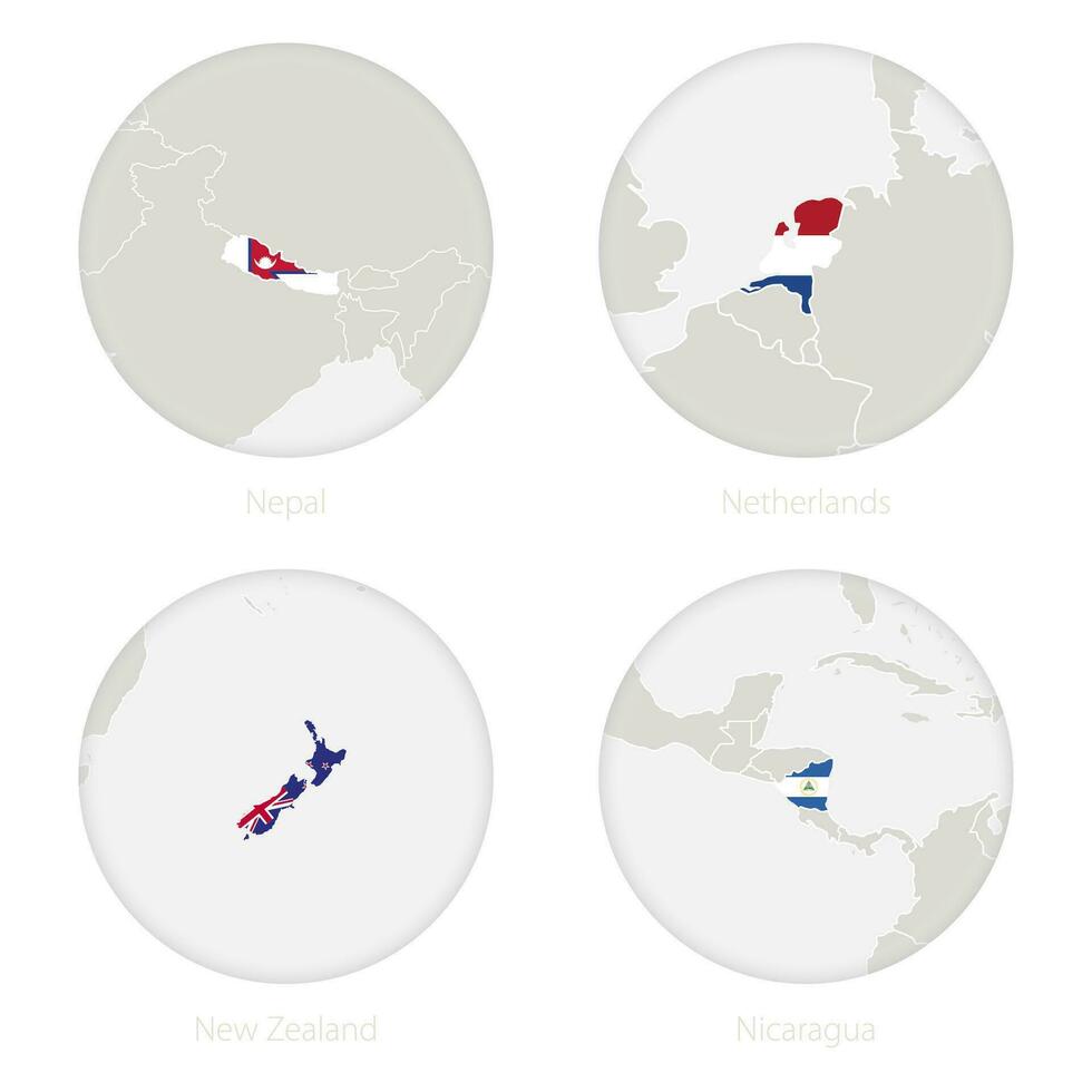 Nepal, Países Bajos, nuevo zelanda, Nicaragua mapa contorno y nacional bandera en un círculo. vector