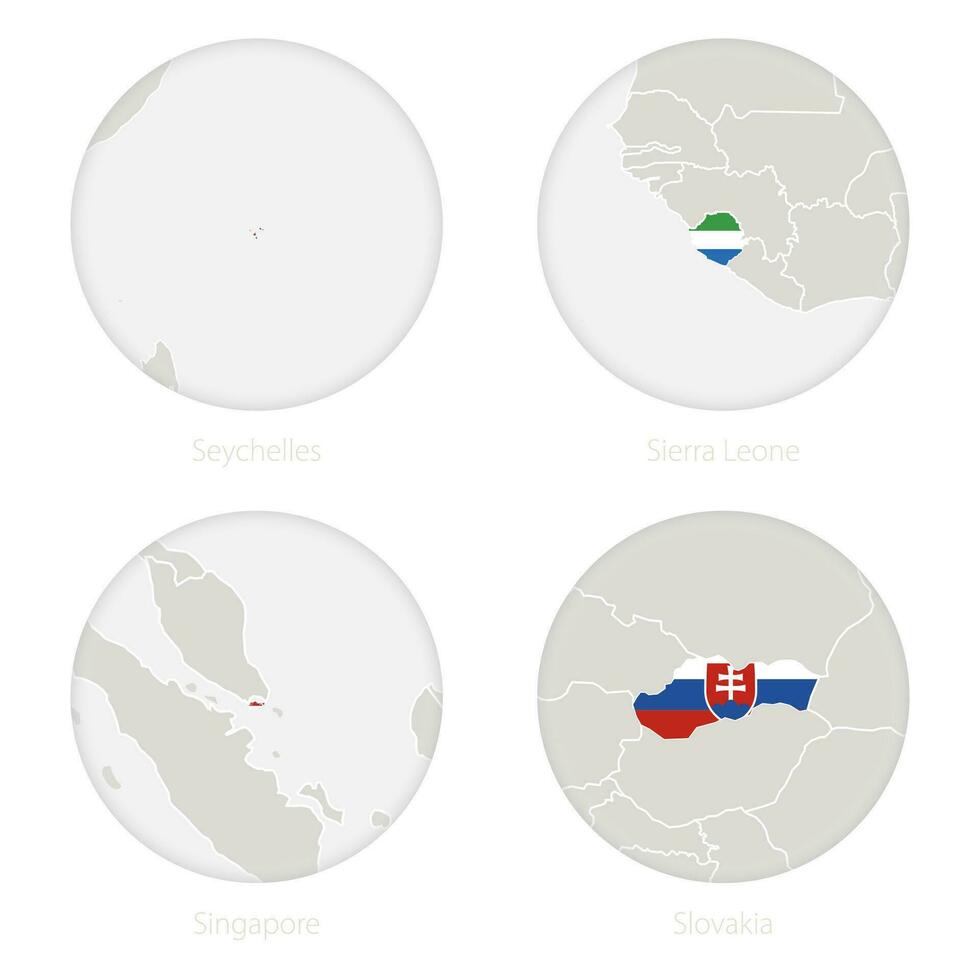 Seychelles, Sierra Leone, Singapore, Slovakia map contour and national flag in a circle. vector