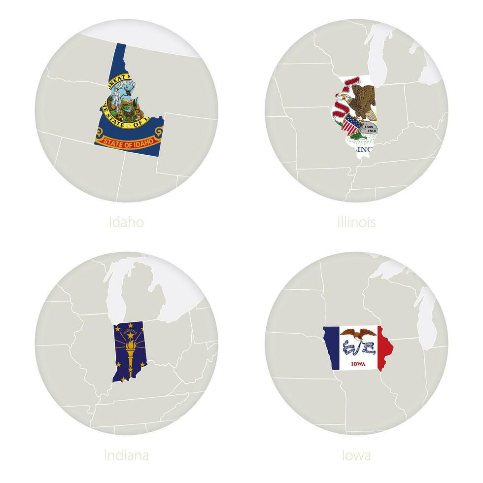 Idaho, Illinois, Indiana, Iowa US states map contour and national flag in a circle. vector