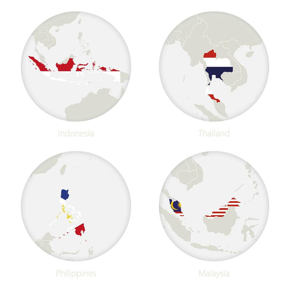 Indonesia, tailandia, filipinas, Malasia mapa contorno y nacional bandera en un círculo. vector