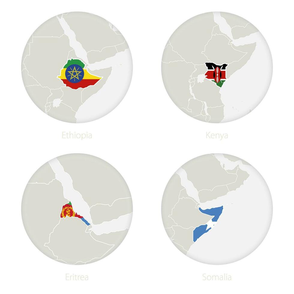Ethiopia, Kenya, Eritrea, Somalia map contour and national flag in a circle. vector