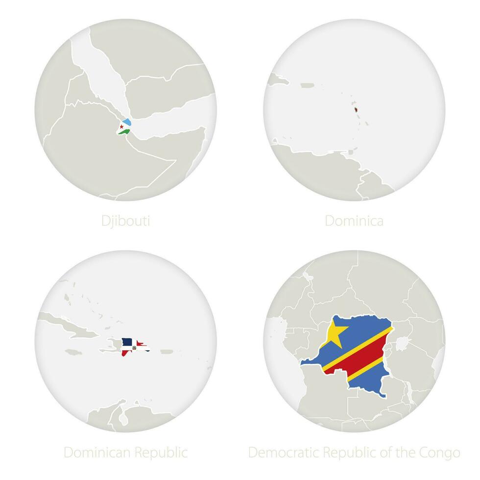 Djibouti, Dominica, Dominican Republic, Democratic Republic of the Congo map contour and national flag in a circle. vector