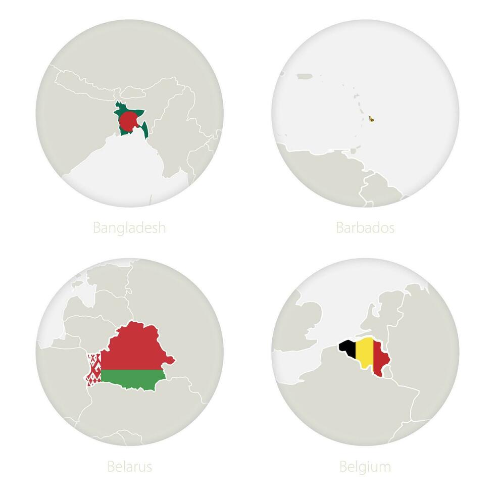 Bangladesh, Barbados, Belarus, Belgium map contour and national flag in a circle. vector