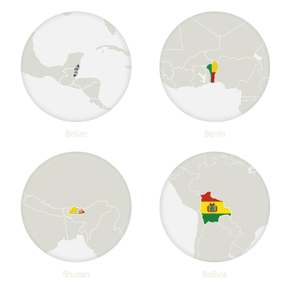 Belize, Benin, Bhutan, Bolivia map contour and national flag in a circle. vector