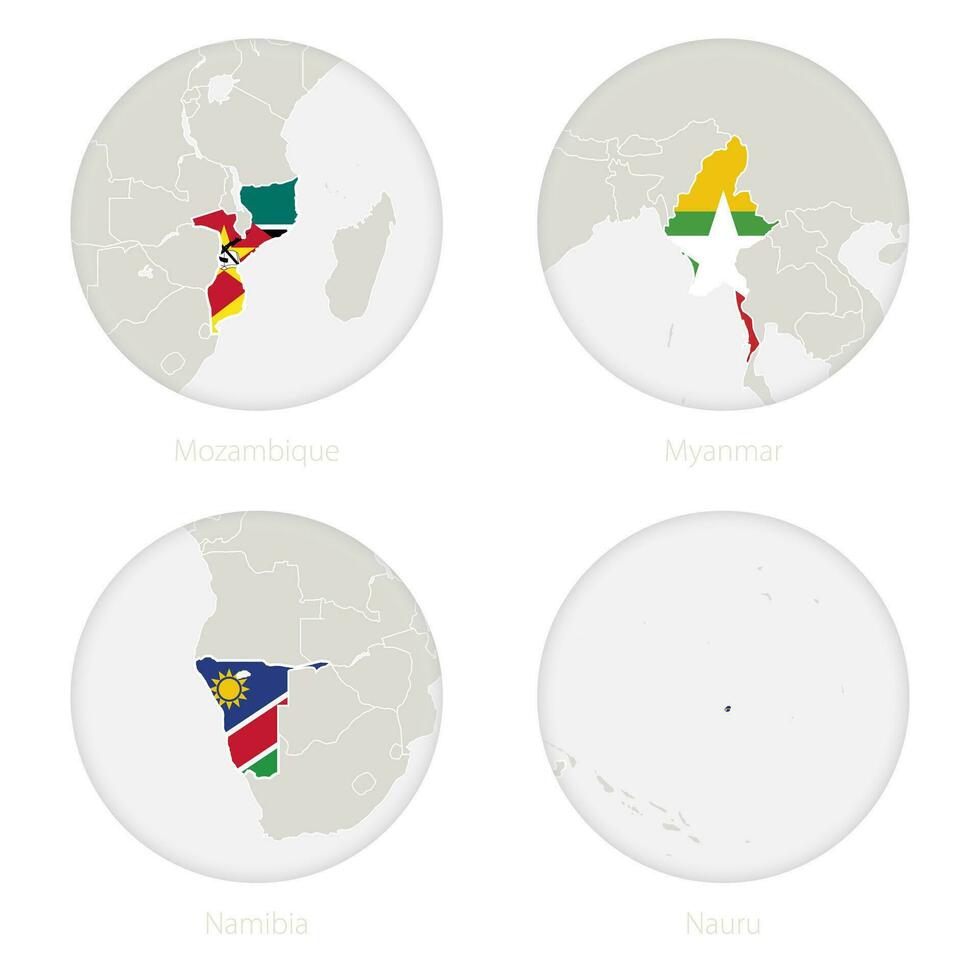 Mozambique, Myanmar, Namibia, Nauru map contour and national flag in a circle. vector