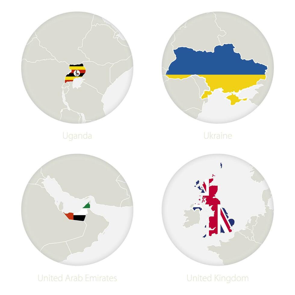 Uganda, Ucrania, unido árabe emiratos, unido Reino mapa contorno y nacional bandera en un círculo. vector