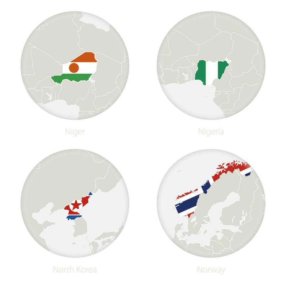 Niger, Nigeria, North Korea, Norway map contour and national flag in a circle. vector