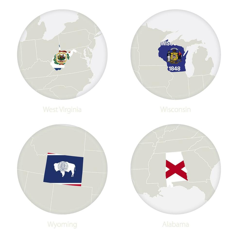 West Virginia, Wisconsin, Wyoming, Alabama US states map contour and national flag in a circle. vector