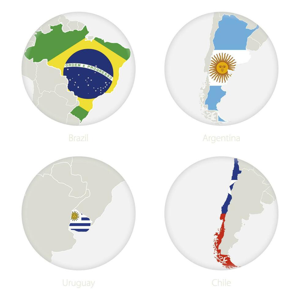 Brazil, Argentina, Uruguay, Chile map contour and national flag in a circle. vector