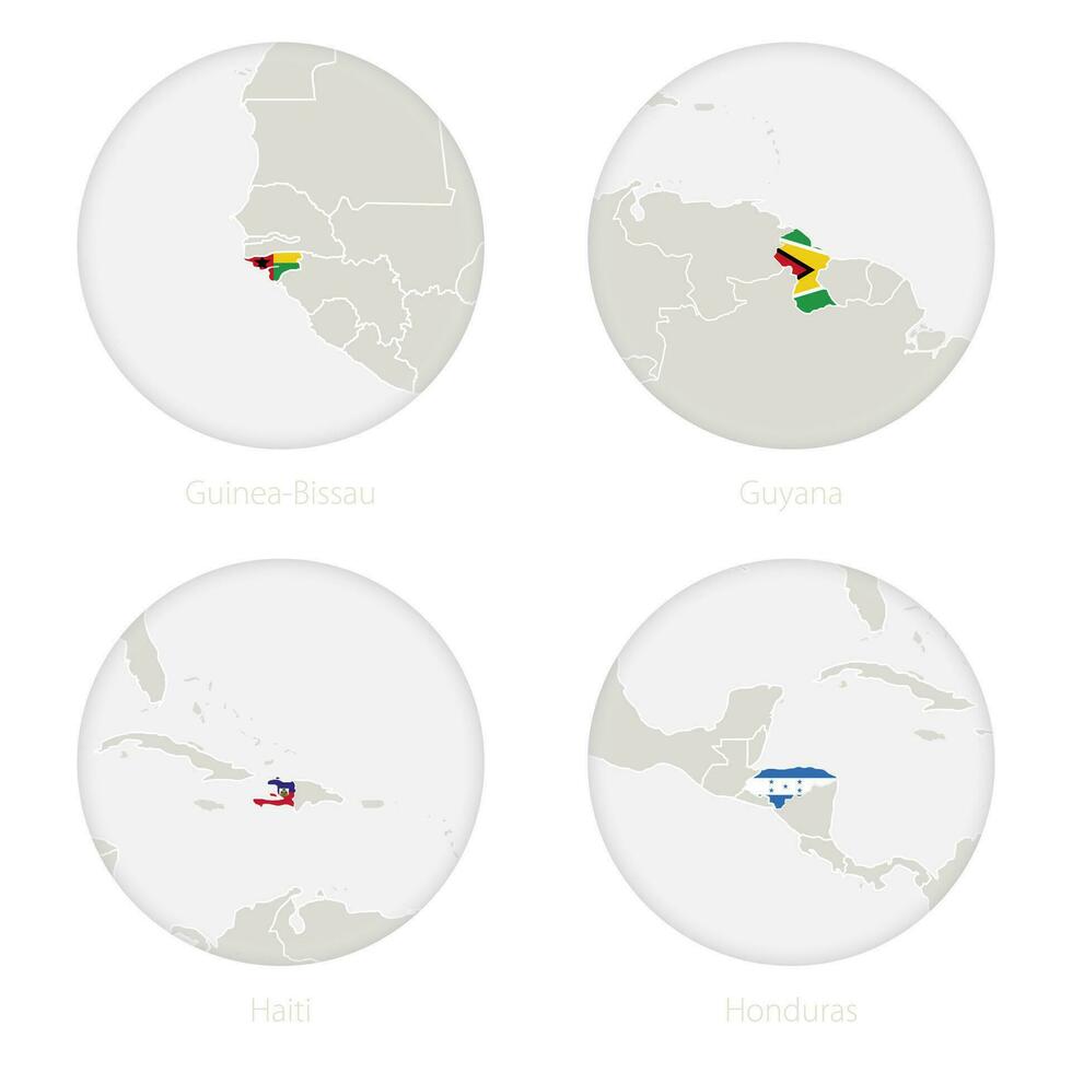 Guinea-Bissau, Guyana, Haiti, Honduras map contour and national flag in a circle. vector