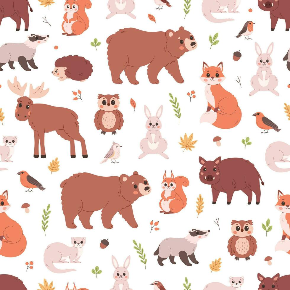 bosque animales sin costura modelo. bosque aves y plantas. bosque habitantes vector