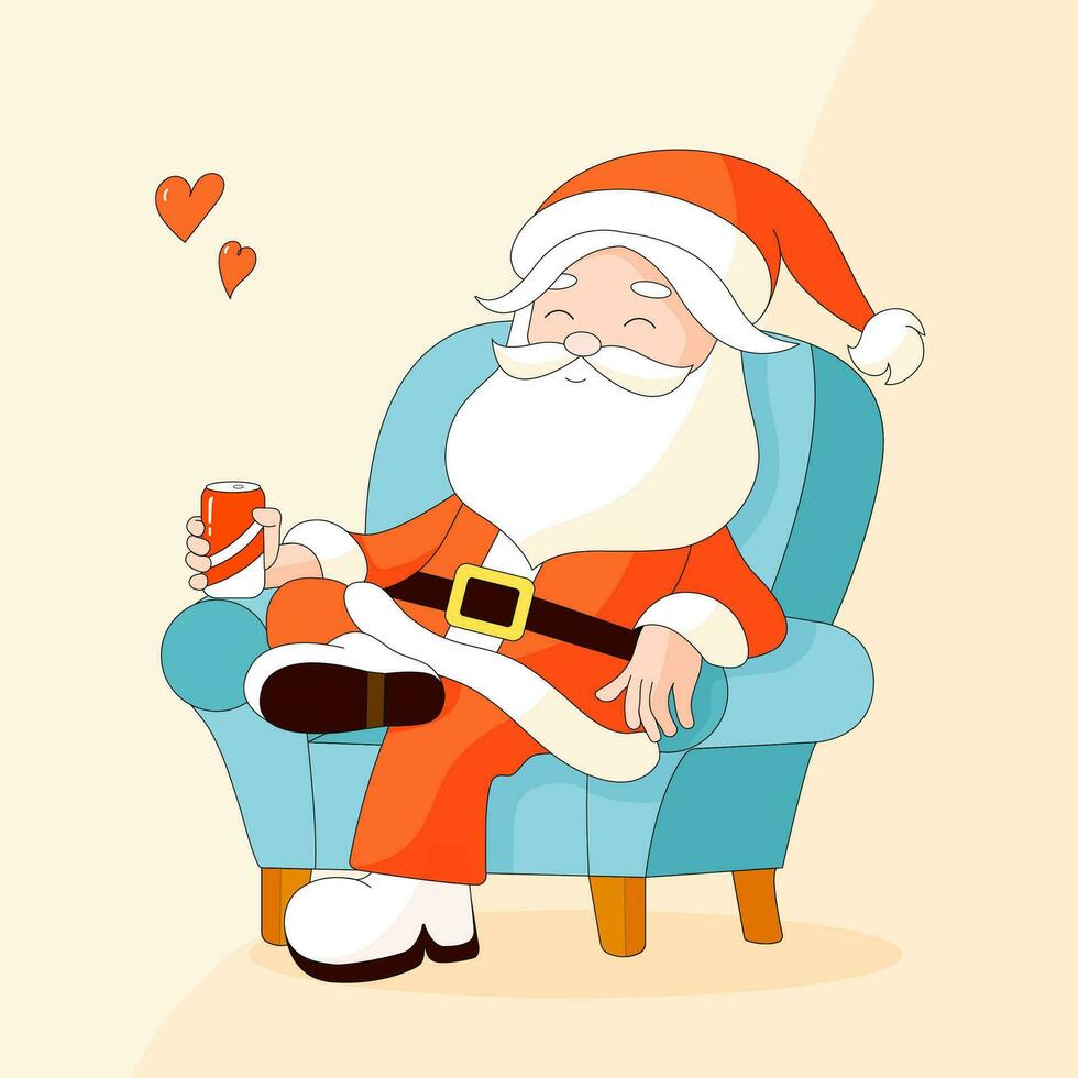 alegre Papa Noel sentado en azul silla, dibujos animados maravilloso Papa Noel claus participación soda poder. alegre Navidad saludo tarjeta. vector