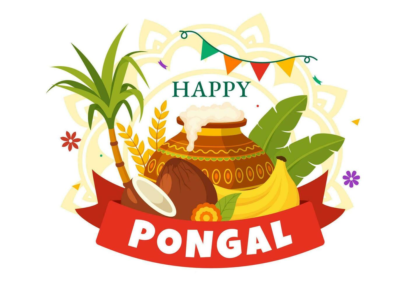 Happy Pongal Vector Illustration of Traditional Tamil Nadu India Festival Celebration with Sugarcane and Plate of Religious Props in Flat Background