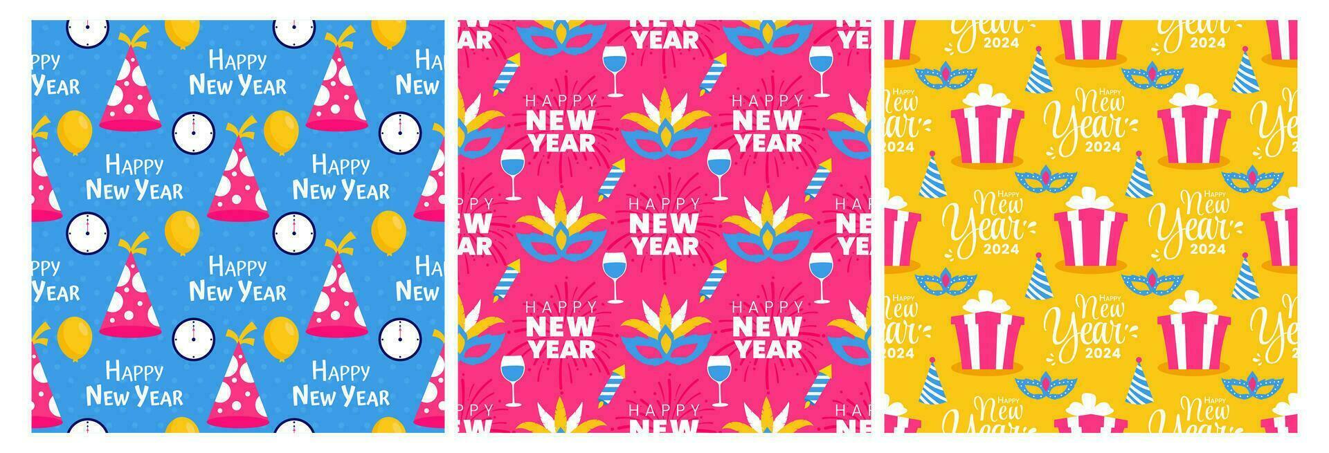 Set of Happy New Year 2024 Seamless Pattern Illustration with Elements New Years Background Design vector