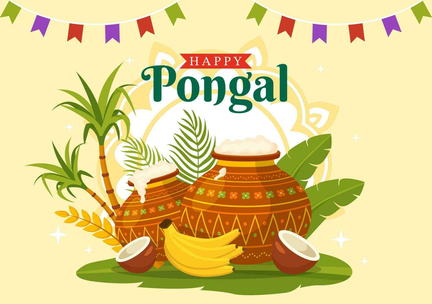 contento pongal vector ilustración de tradicional tamil nadu India festival celebracion con Caña de azúcar y plato de religioso accesorios en plano antecedentes