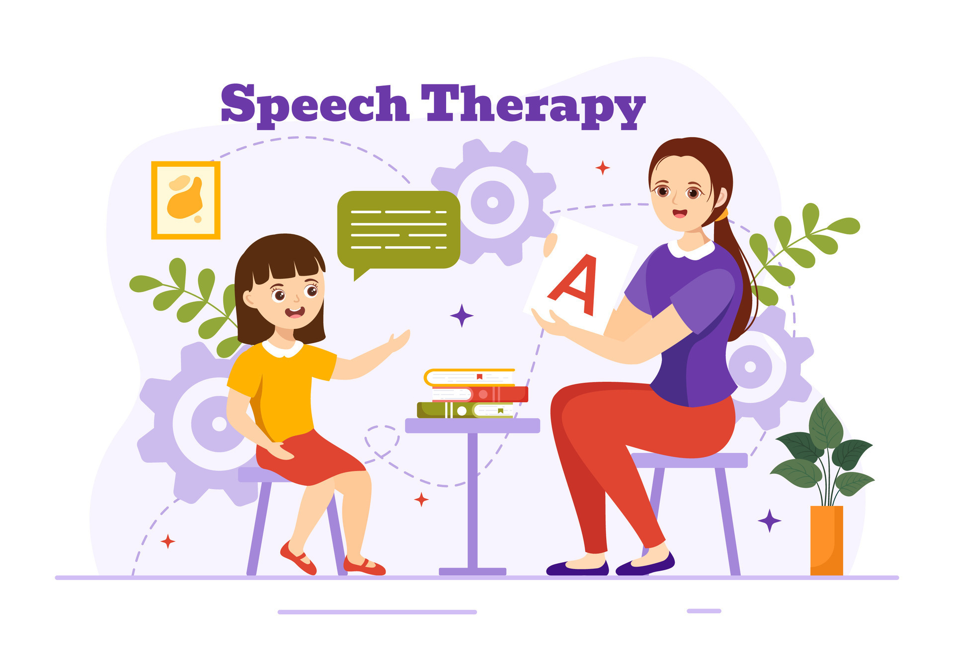 Speech Therapy Vector Illustration with Kids Training Basic Language