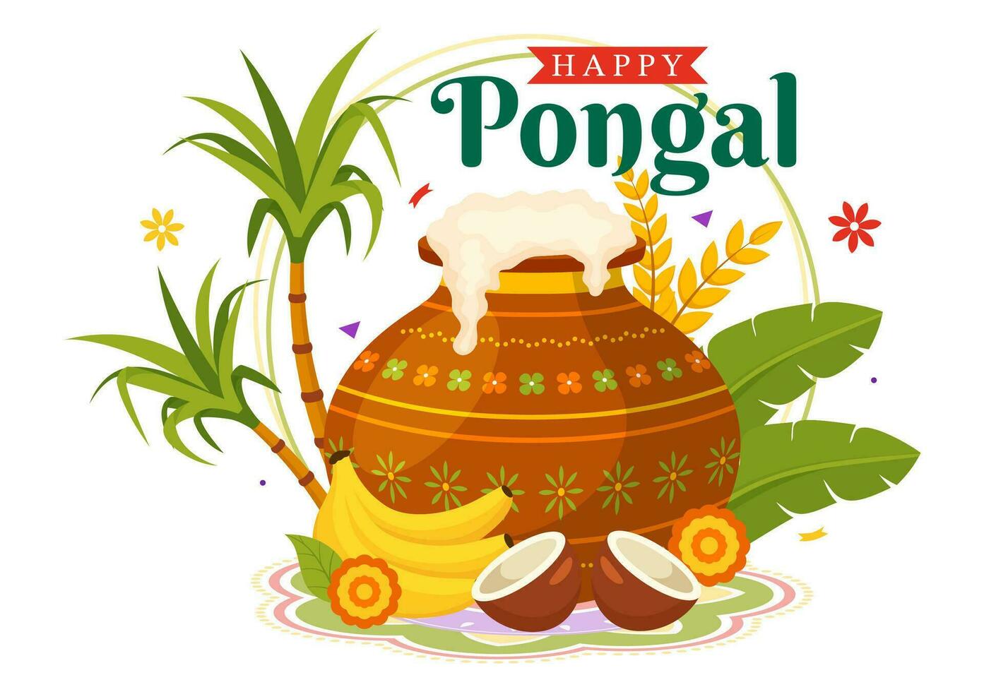 Happy Pongal Vector Illustration of Traditional Tamil Nadu India Festival Celebration with Sugarcane and Plate of Religious Props in Flat Background