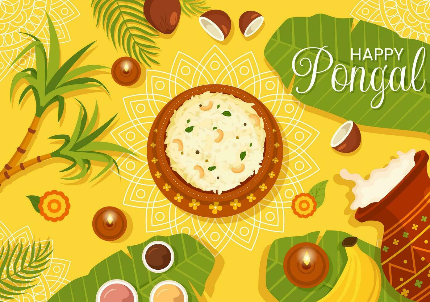 contento pongal vector ilustración de tradicional tamil nadu India festival celebracion con Caña de azúcar y plato de religioso accesorios en plano antecedentes