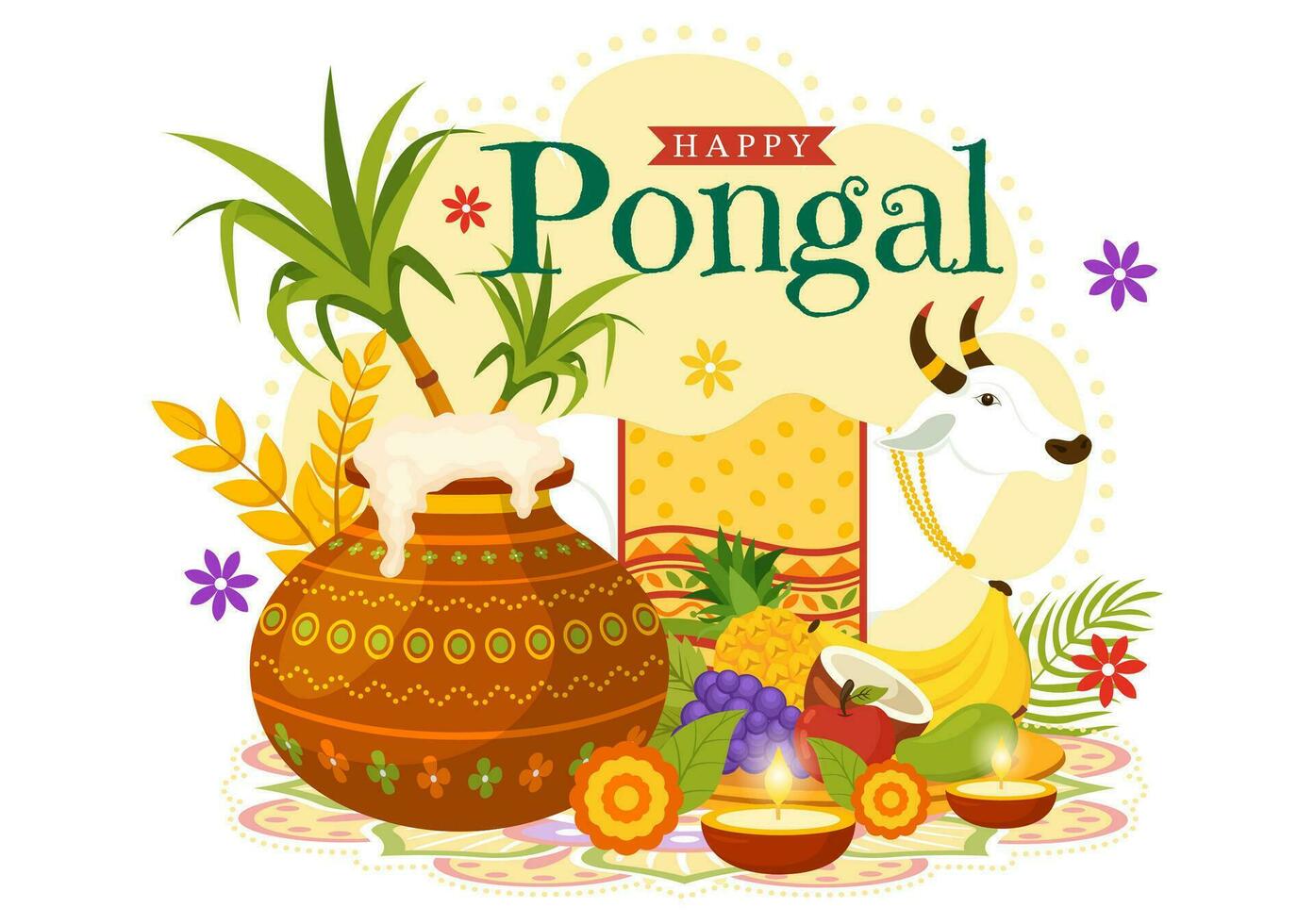 Happy Pongal Vector Illustration of Traditional Tamil Nadu India Festival Celebration with Sugarcane and Plate of Religious Props in Flat Background