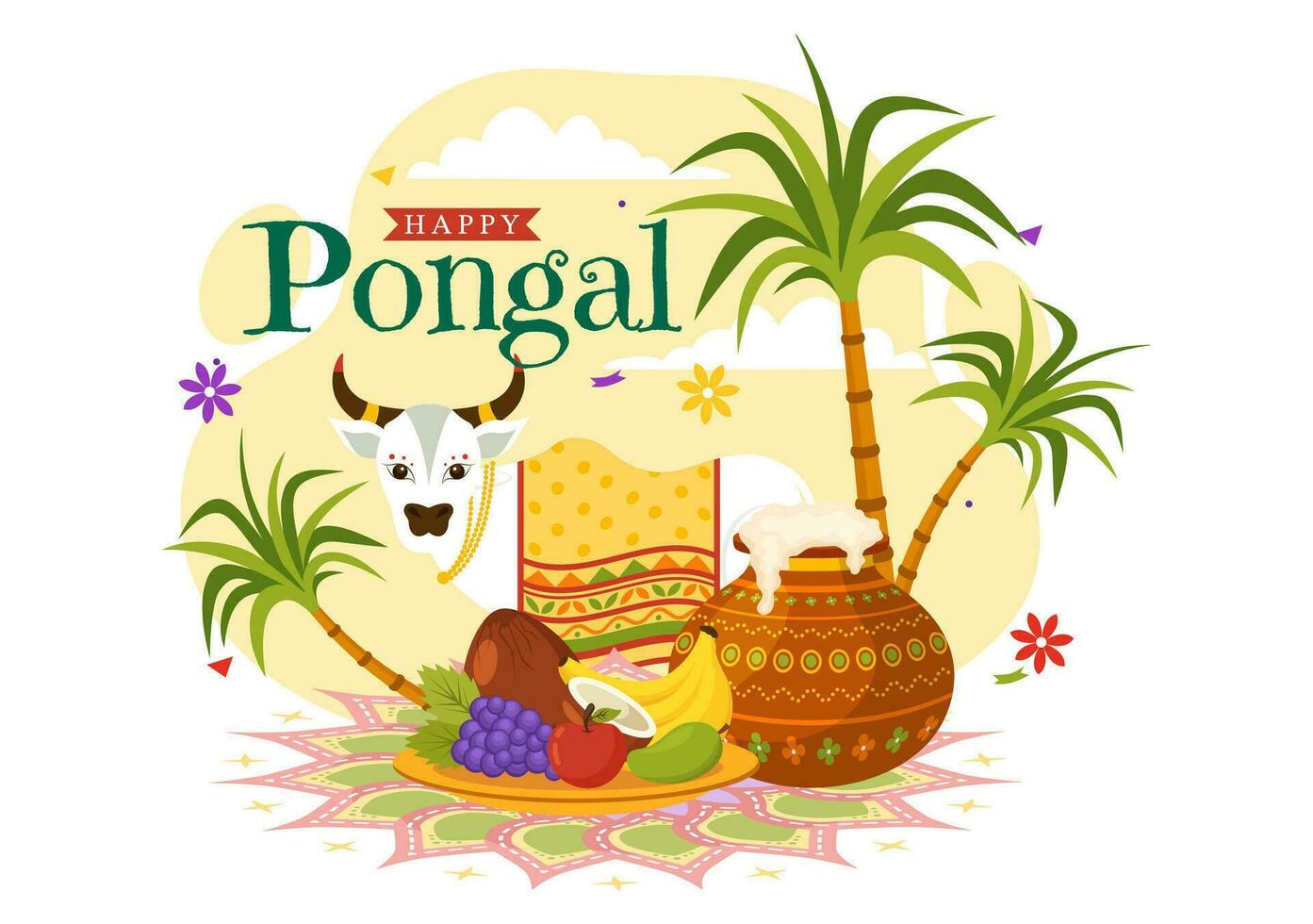 Happy Pongal Vector Illustration of Traditional Tamil Nadu India Festival Celebration with Sugarcane and Plate of Religious Props in Flat Background