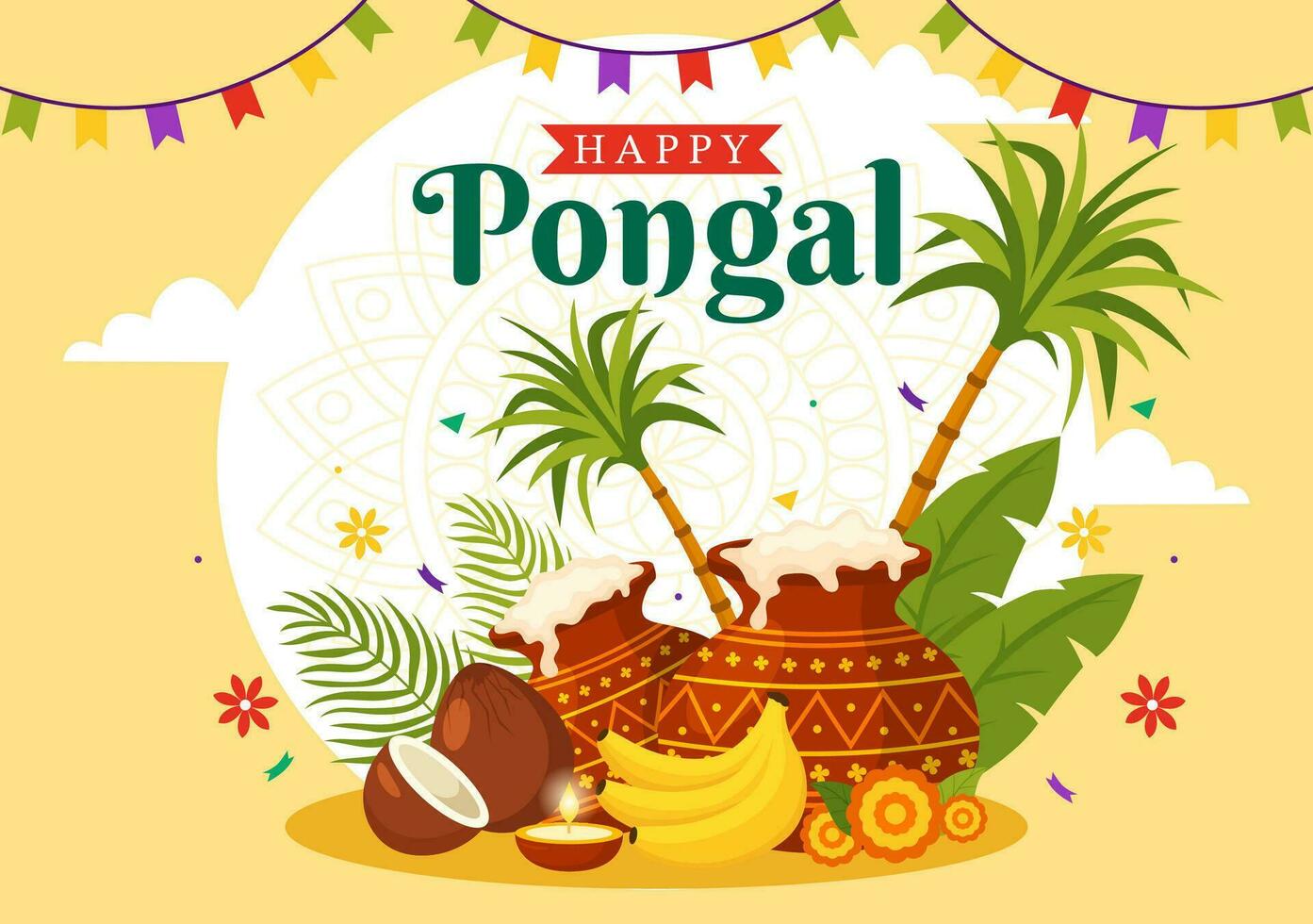 Happy Pongal Vector Illustration of Traditional Tamil Nadu India Festival Celebration with Sugarcane and Plate of Religious Props in Flat Background