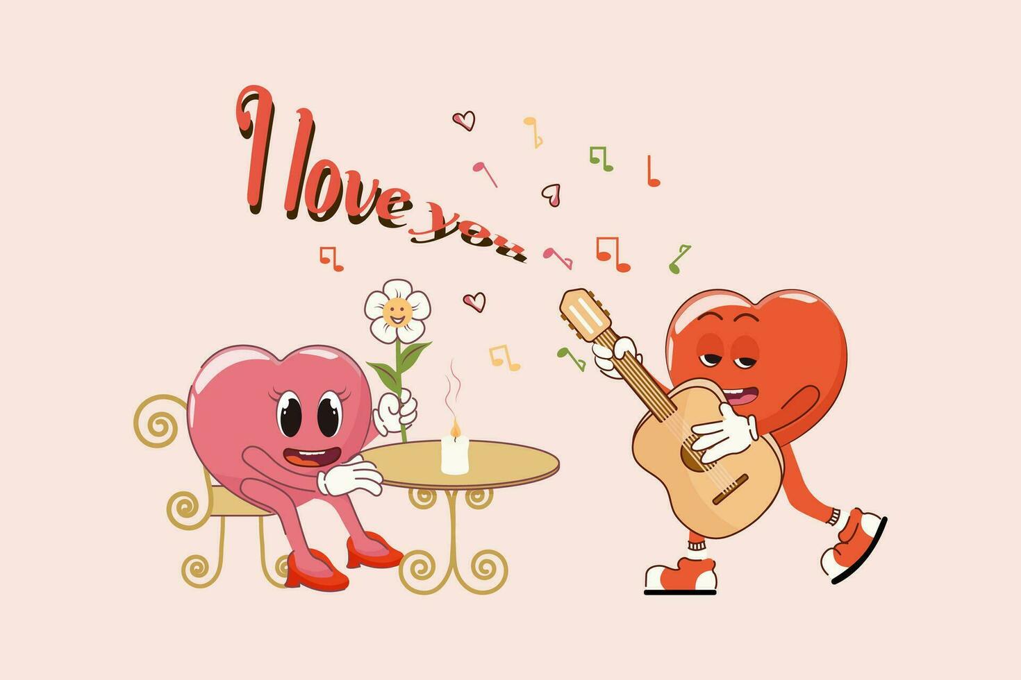 Retro Happy Valentine's Day. Song for your beloved in a cafe. Happy characters in love. Retro characters. vector