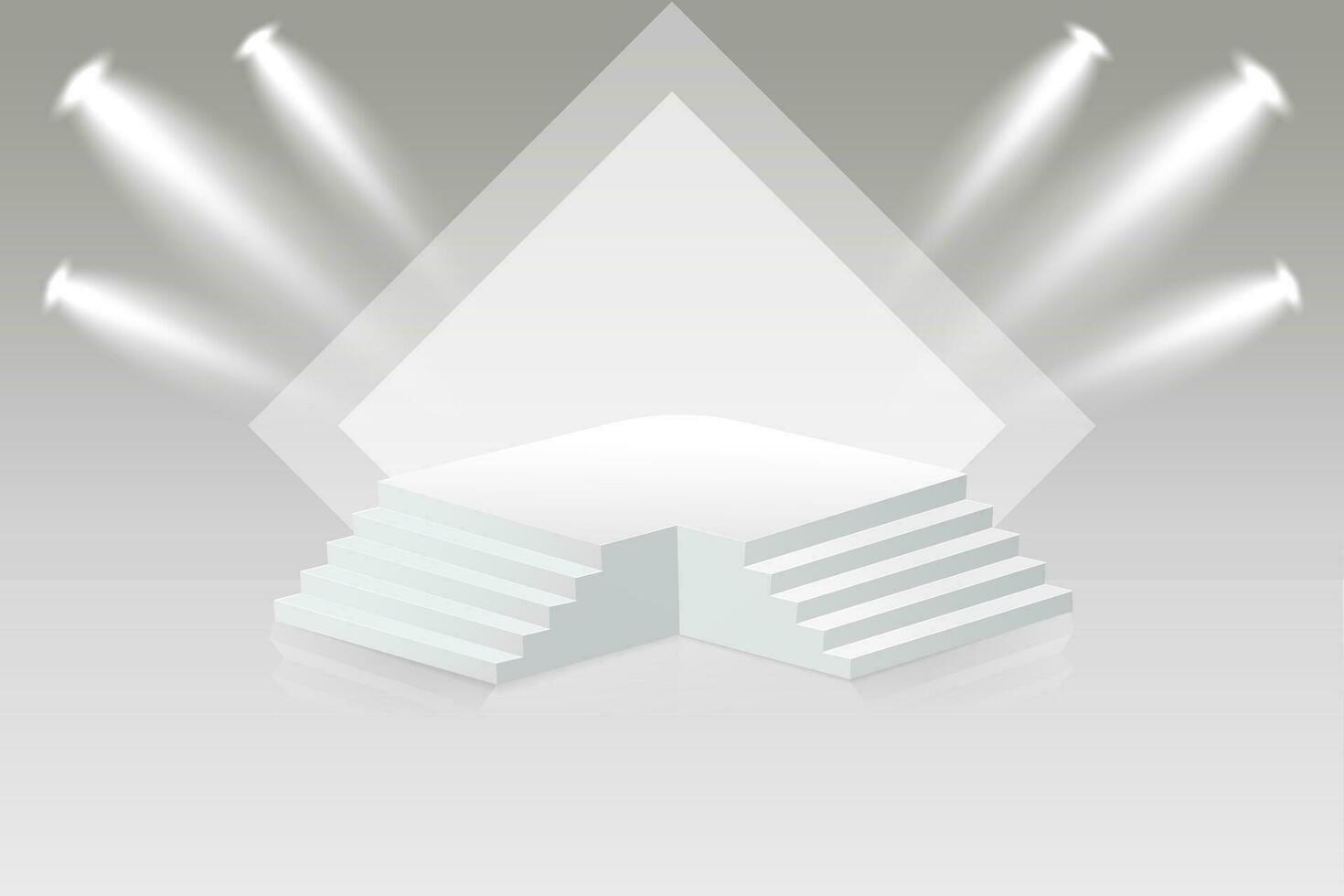 White realistic 3d podium with stairs. Against the background of a diamond-shaped window on a clean wall. Abstract studio. Minimal scene for products, for showcase, advertising layout display. vector