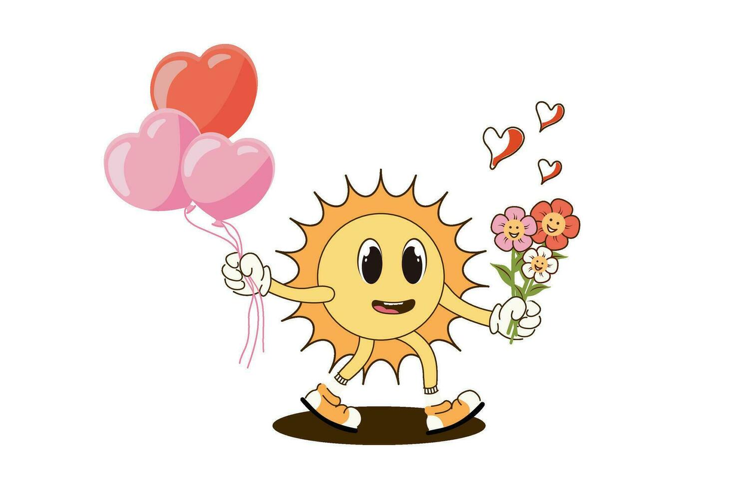 Retro Happy Valentine's Day. Retro sun with gifts.Happy characters in love. Retro characters. Vector illustration