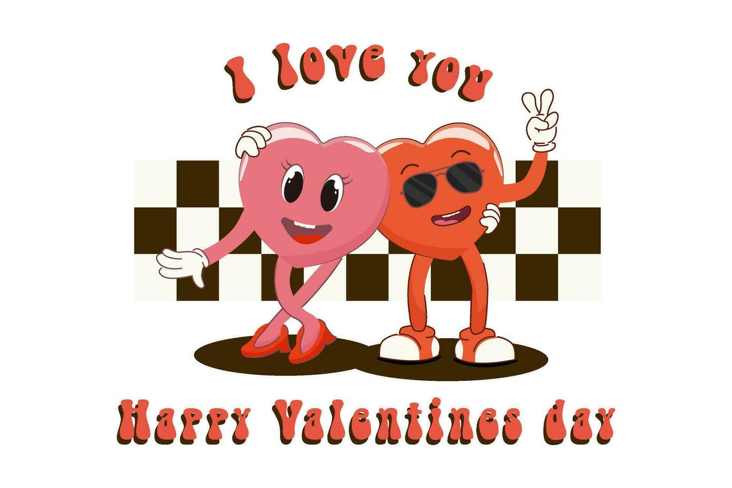 Retro poster with cartoon hearts and background. Happy Valentine's Day. I love you.Fashionable 70s cartoon style. Vector illustration