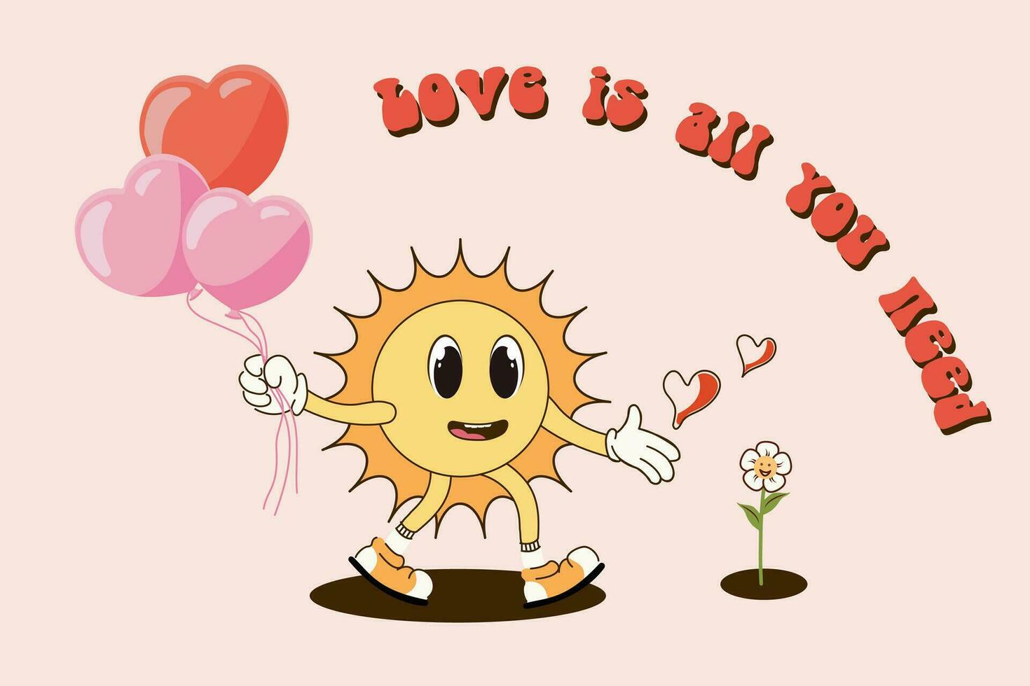 Retro Happy Valentine's Day. Love is all you need. Character in trendy retro 60s 70s cartoon style. vector