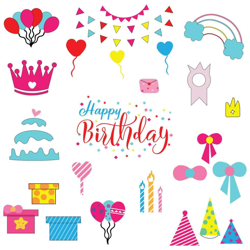 Happy birthday cute doodle element icon, sticker collection. Hand-drawn vector shapes isolated on white background.
