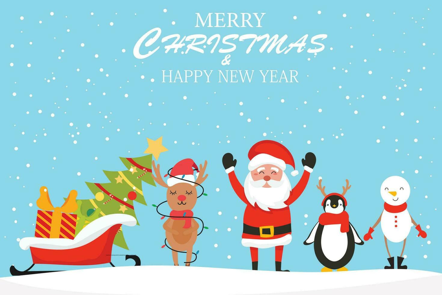 alegre Navidad con linda Papa Noel claus y ,ciervo ,pingüino dibujos animados personaje vector. saludo tarjeta vector