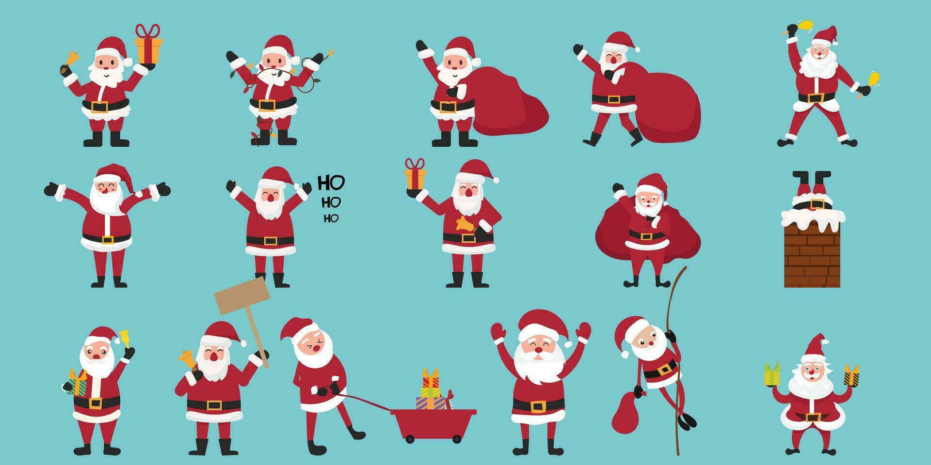Santa Claus Set of funny cartoon Santa with different Vector illustration isolated background