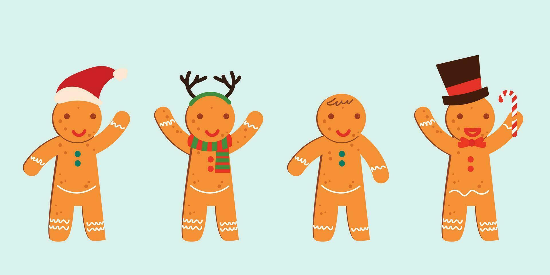 Set of cute cartoon gingerbread man cookies. Christmas cartoon characters Vector illustration isolated