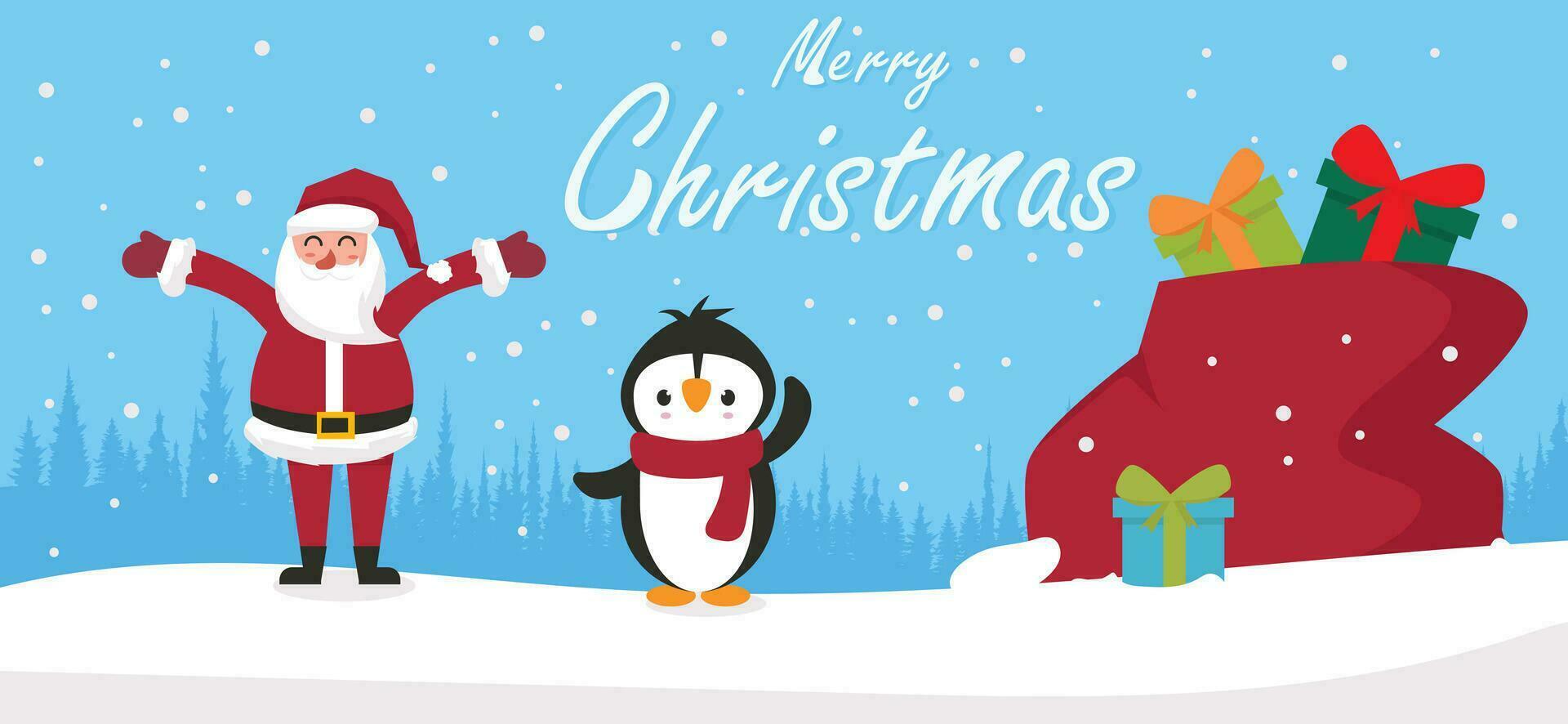 alegre Navidad con linda Papa Noel claus y ,pingüino dibujos animados personaje vector. saludo tarjeta vector