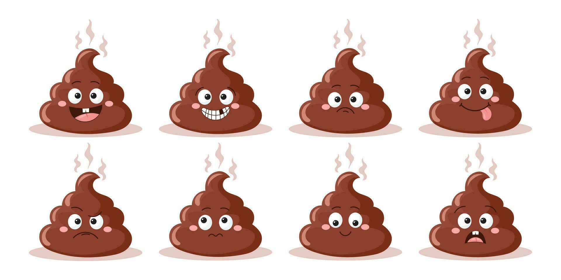 Set of cute poop icon characters on white background. Different emotions of brown poop. Smiling poop, anger, bewilderment, joy, disappointment. Vector