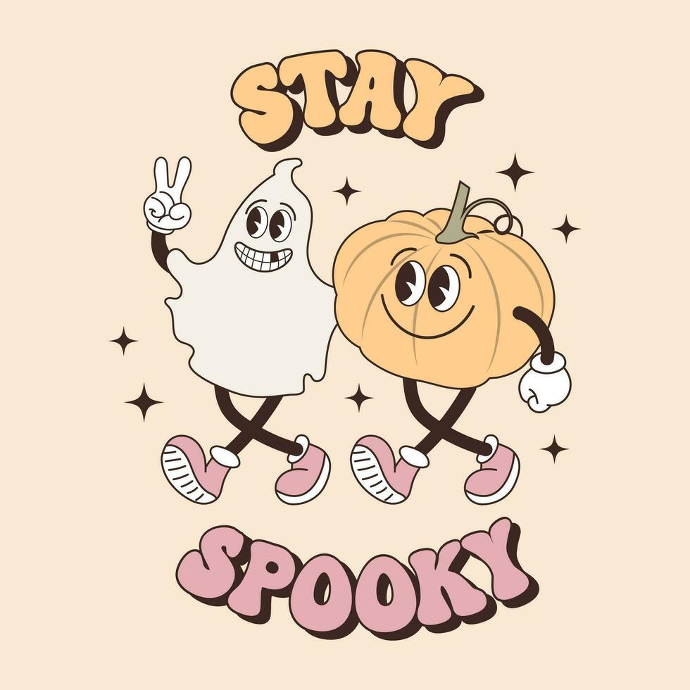 Groovy lettering card for halloween. Stay Spooky calligraphy and ghost and pumpkin characters. Retro design for posters, cards, t shirts vector