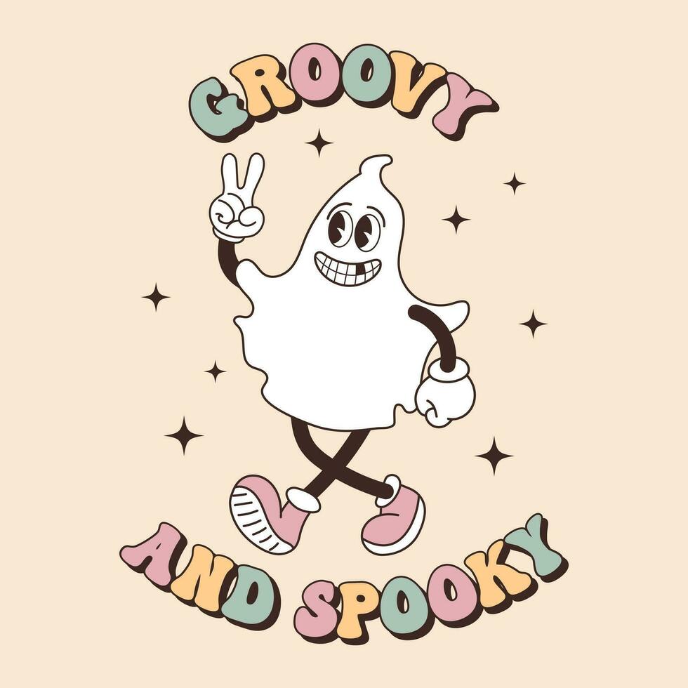 Groovy lettering card for halloween. Groovy and Spooky calligraphy and cute funny ghost character. Retro design for posters, cards, t shirts vector