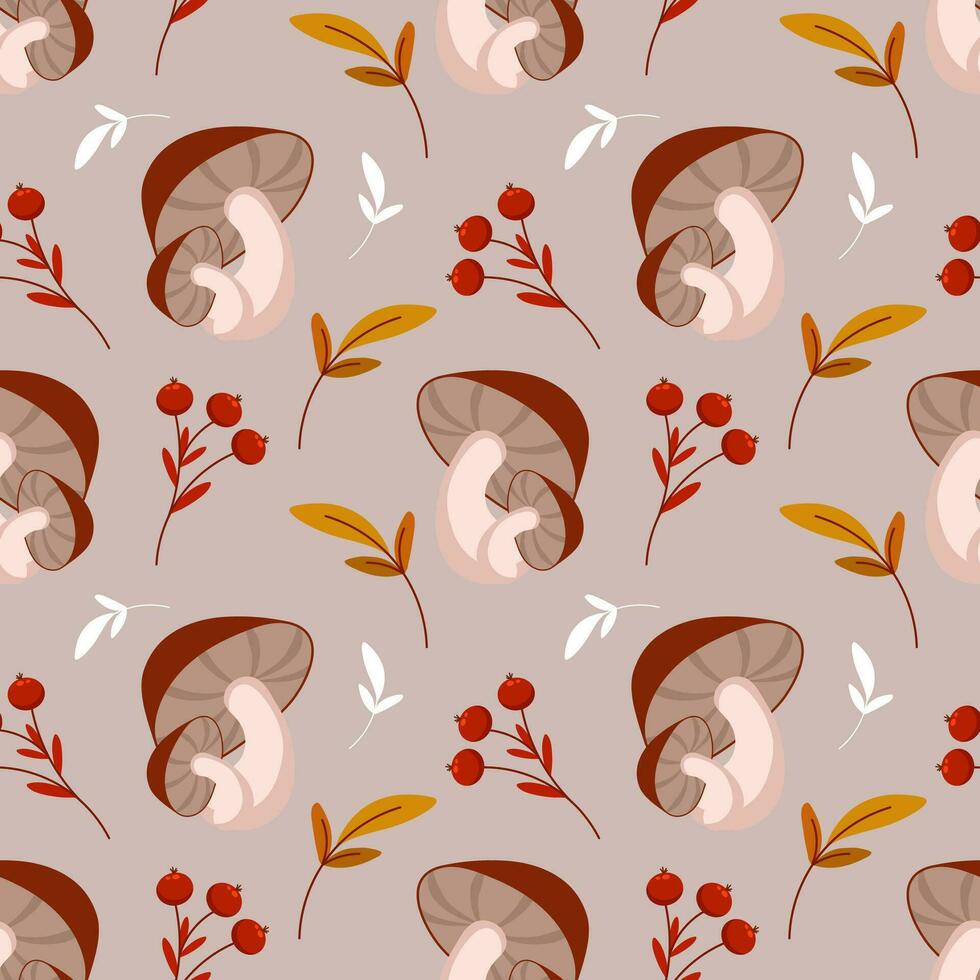 Seamless pattern, mushrooms, rowan, acorn and leaves on a beige background. Autumn print, textile, background, vector