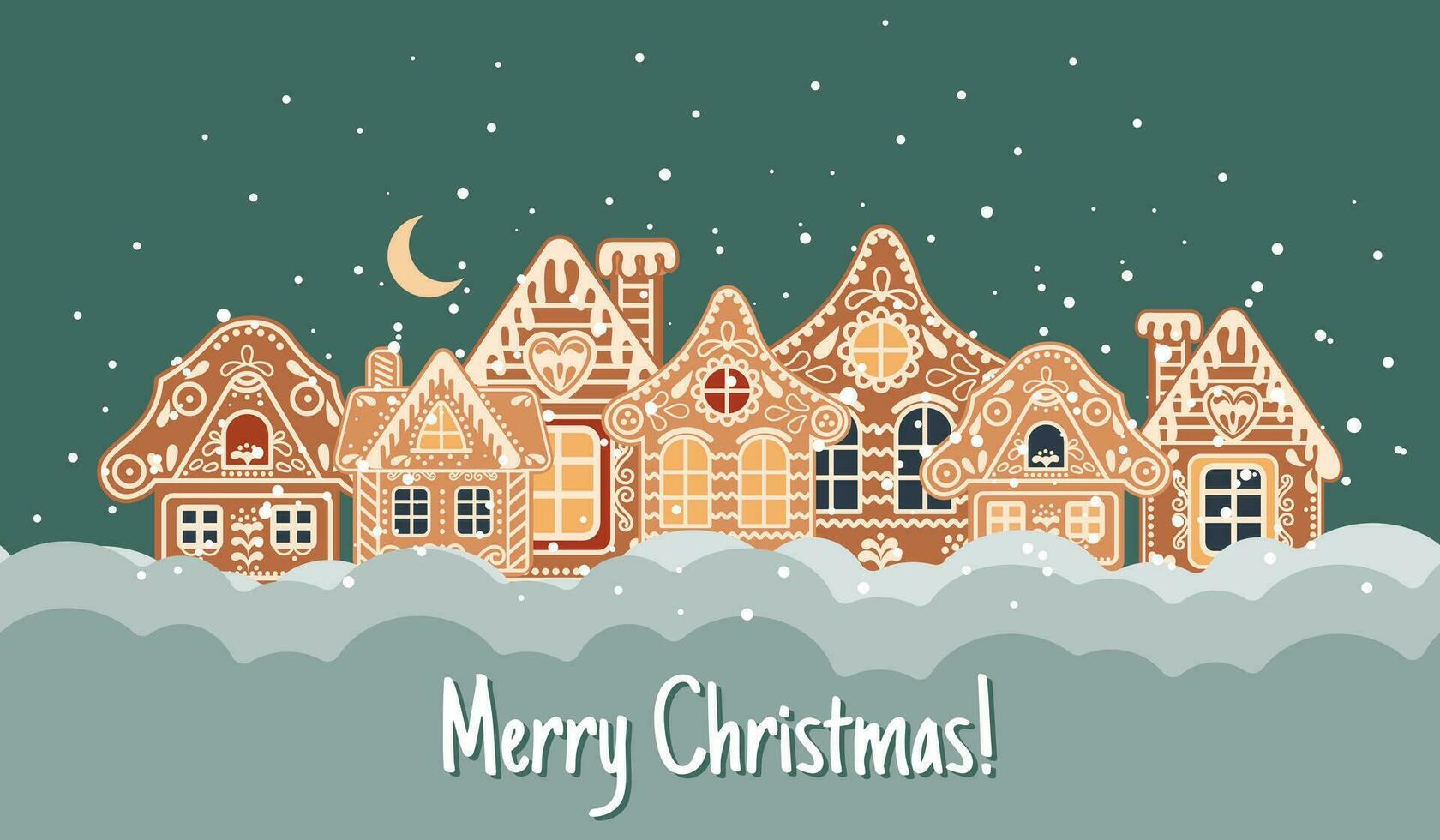Navidad tarjeta con caligrafía, pan de jengibre casas en el nieve con el noche cielo y Luna. ilustración en plano dibujos animados estilo. vector