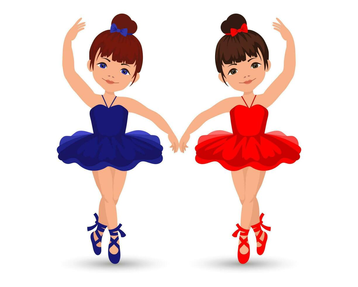 A pair of dancing girls ballerinas in dresses and pointe shoes on a floral background. Illustration, vector