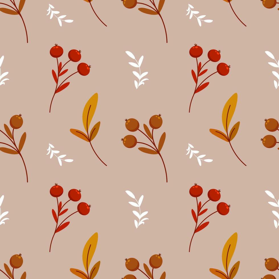 patrón sin costuras, ramas de serbal y ramitas con hojas sobre un fondo beige. estampado de otoño, textil, fondo, vector